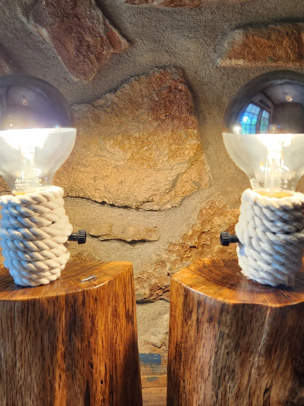 Pair Of Rustic Wooden Block Table Lamp with White Rope Accent